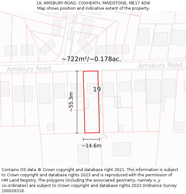 19, AMSBURY ROAD, COXHEATH, MAIDSTONE, ME17 4DW: Plot and title map
