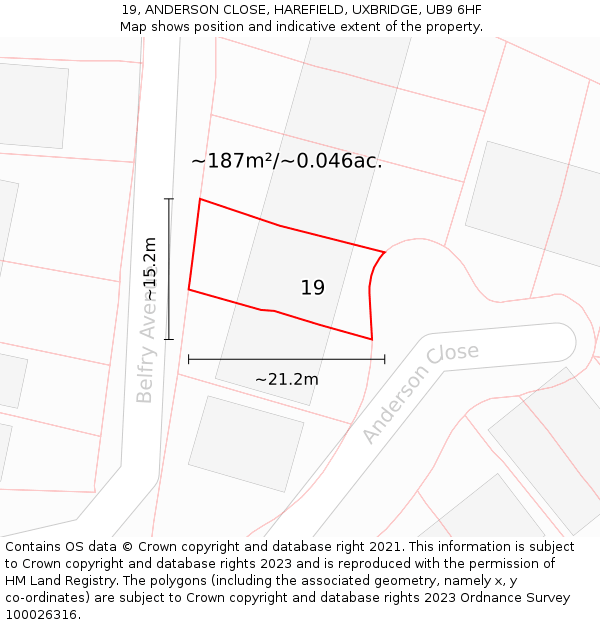 19, ANDERSON CLOSE, HAREFIELD, UXBRIDGE, UB9 6HF: Plot and title map