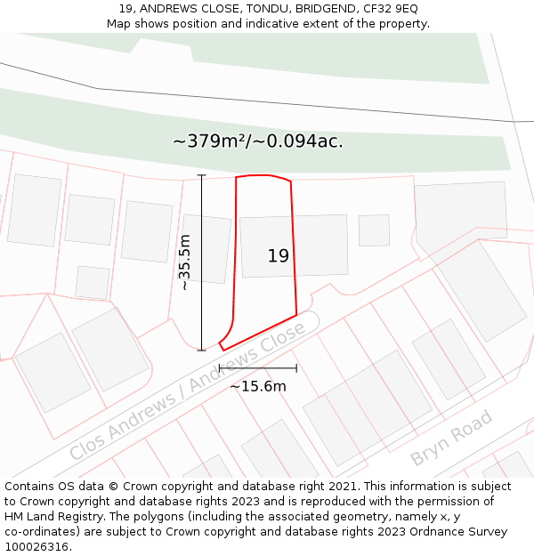 19, ANDREWS CLOSE, TONDU, BRIDGEND, CF32 9EQ: Plot and title map