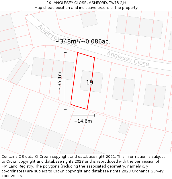 19, ANGLESEY CLOSE, ASHFORD, TW15 2JH: Plot and title map