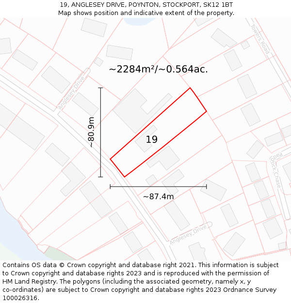 19, ANGLESEY DRIVE, POYNTON, STOCKPORT, SK12 1BT: Plot and title map