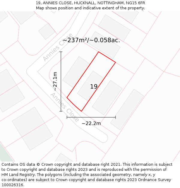 19, ANNIES CLOSE, HUCKNALL, NOTTINGHAM, NG15 6FR: Plot and title map