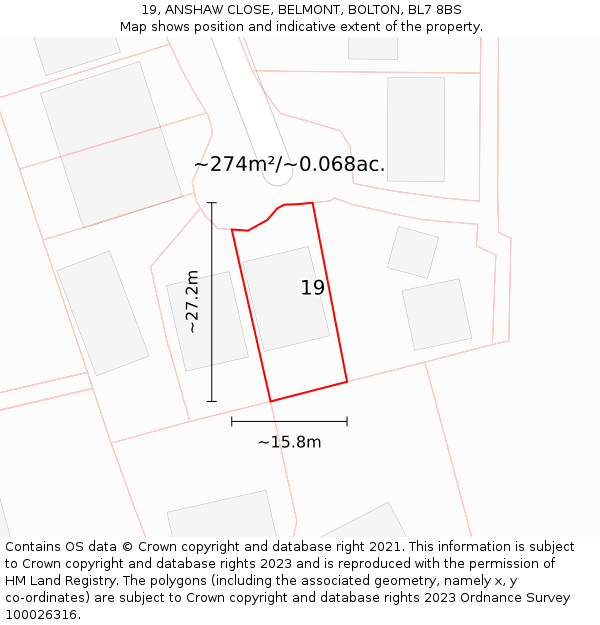 19, ANSHAW CLOSE, BELMONT, BOLTON, BL7 8BS: Plot and title map