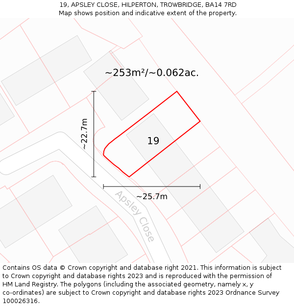 19, APSLEY CLOSE, HILPERTON, TROWBRIDGE, BA14 7RD: Plot and title map