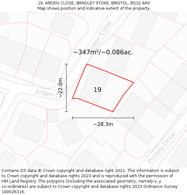 19, ARDEN CLOSE, BRADLEY STOKE, BRISTOL, BS32 8AX: Plot and title map