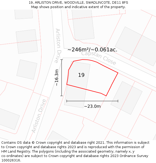 19, ARLISTON DRIVE, WOODVILLE, SWADLINCOTE, DE11 8FS: Plot and title map