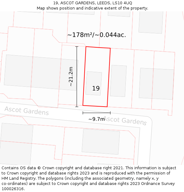 19, ASCOT GARDENS, LEEDS, LS10 4UQ: Plot and title map