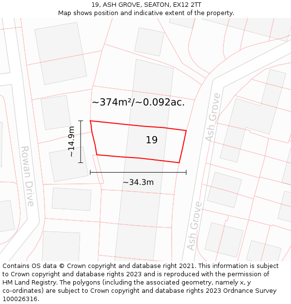 19, ASH GROVE, SEATON, EX12 2TT: Plot and title map