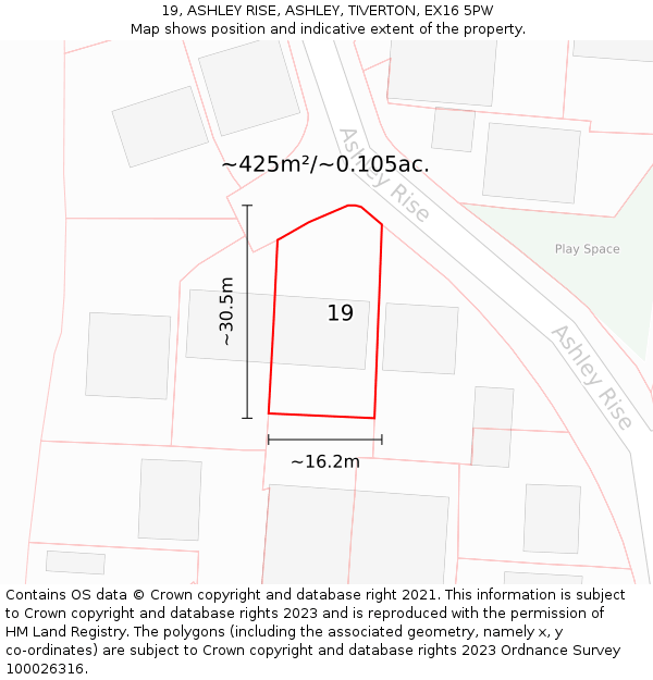 19, ASHLEY RISE, ASHLEY, TIVERTON, EX16 5PW: Plot and title map