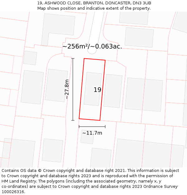19, ASHWOOD CLOSE, BRANTON, DONCASTER, DN3 3UB: Plot and title map
