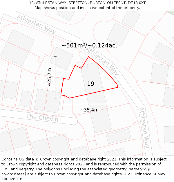 19, ATHLESTAN WAY, STRETTON, BURTON-ON-TRENT, DE13 0XT: Plot and title map