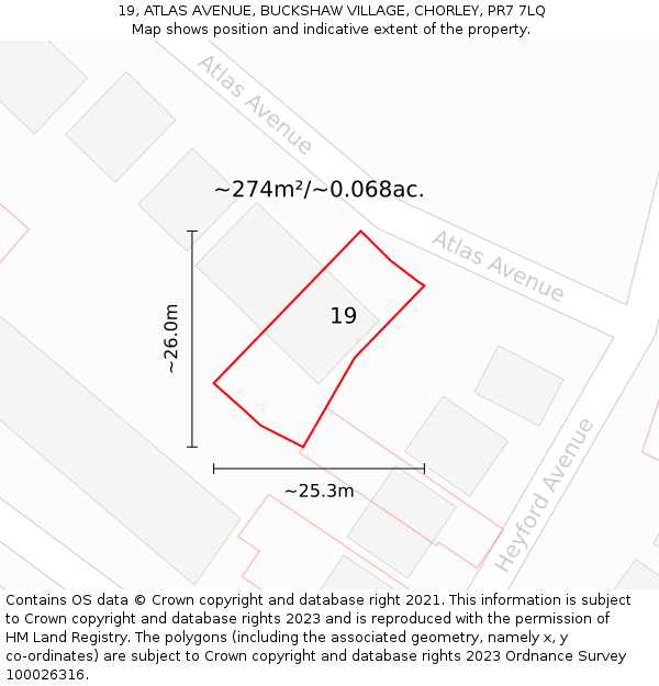 19, ATLAS AVENUE, BUCKSHAW VILLAGE, CHORLEY, PR7 7LQ: Plot and title map