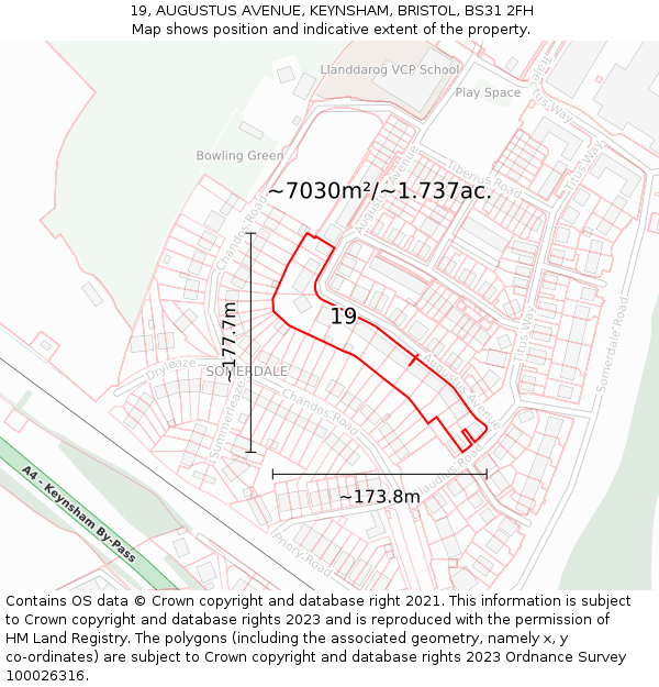 19, AUGUSTUS AVENUE, KEYNSHAM, BRISTOL, BS31 2FH: Plot and title map