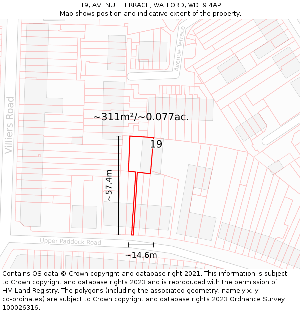 19, AVENUE TERRACE, WATFORD, WD19 4AP: Plot and title map