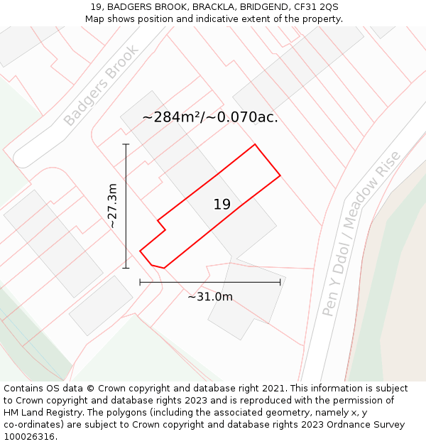 19, BADGERS BROOK, BRACKLA, BRIDGEND, CF31 2QS: Plot and title map
