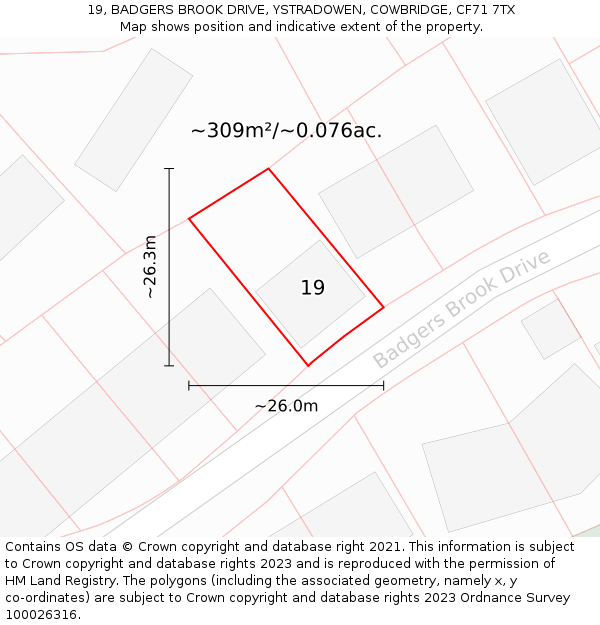 19, BADGERS BROOK DRIVE, YSTRADOWEN, COWBRIDGE, CF71 7TX: Plot and title map