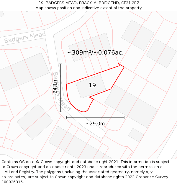 19, BADGERS MEAD, BRACKLA, BRIDGEND, CF31 2PZ: Plot and title map
