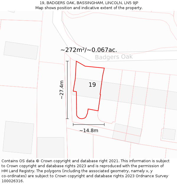 19, BADGERS OAK, BASSINGHAM, LINCOLN, LN5 9JP: Plot and title map