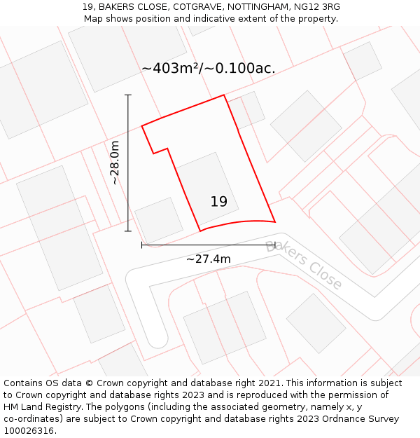 19, BAKERS CLOSE, COTGRAVE, NOTTINGHAM, NG12 3RG: Plot and title map