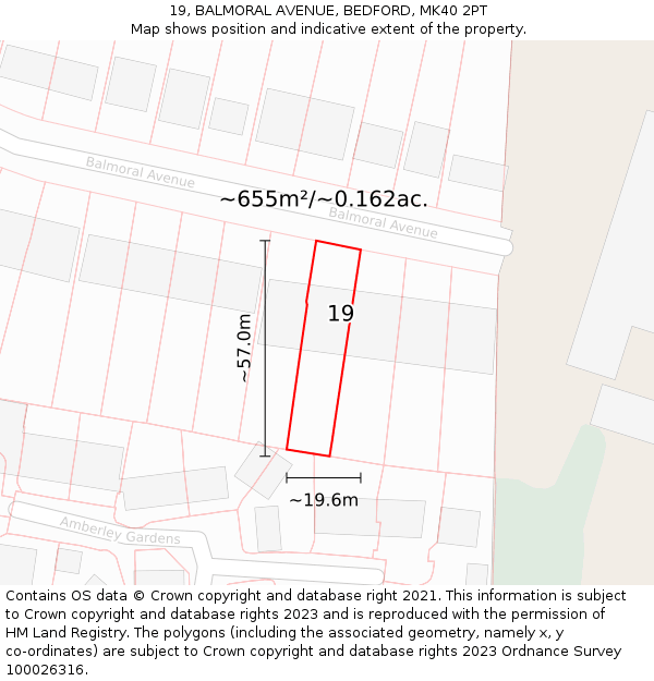 19, BALMORAL AVENUE, BEDFORD, MK40 2PT: Plot and title map