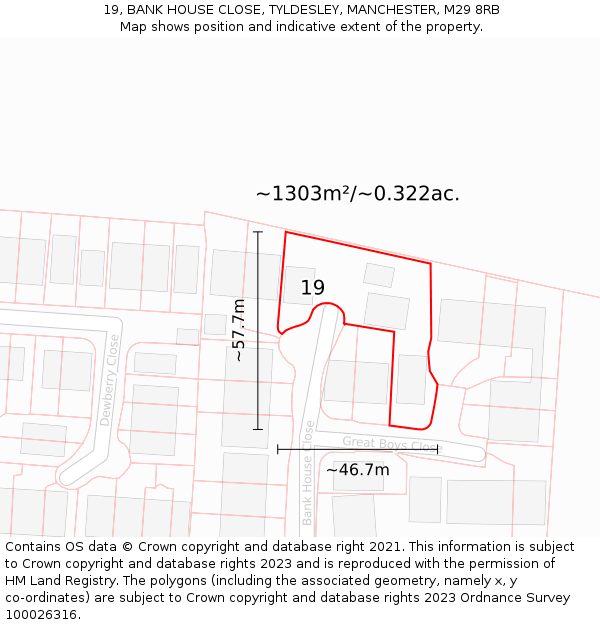 19, BANK HOUSE CLOSE, TYLDESLEY, MANCHESTER, M29 8RB: Plot and title map