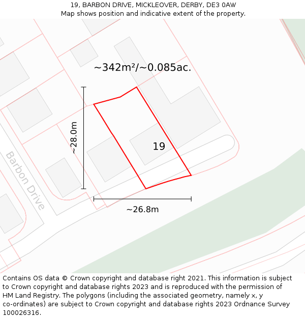 19, BARBON DRIVE, MICKLEOVER, DERBY, DE3 0AW: Plot and title map