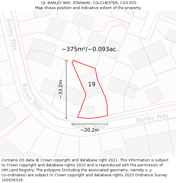 19, BARLEY WAY, STANWAY, COLCHESTER, CO3 0YD: Plot and title map