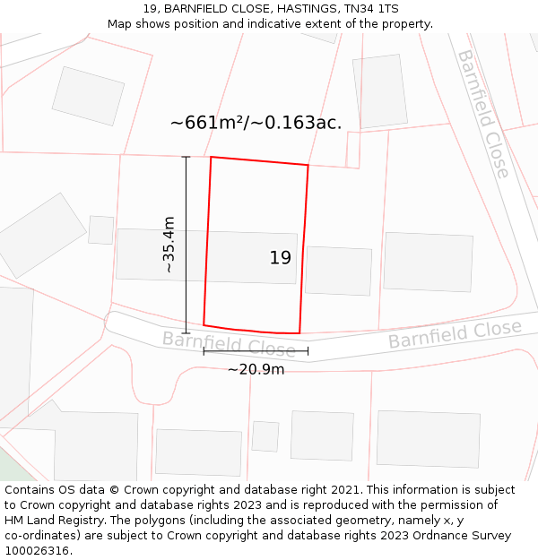 19, BARNFIELD CLOSE, HASTINGS, TN34 1TS: Plot and title map