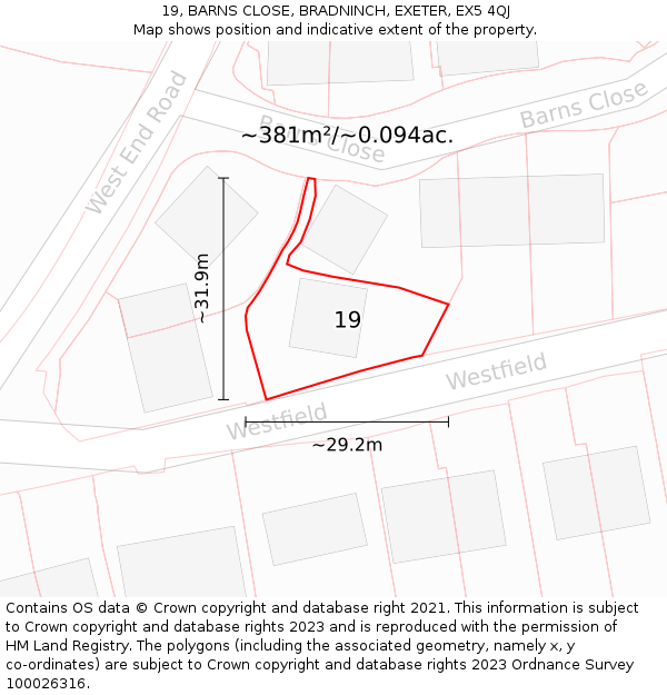 19, BARNS CLOSE, BRADNINCH, EXETER, EX5 4QJ: Plot and title map