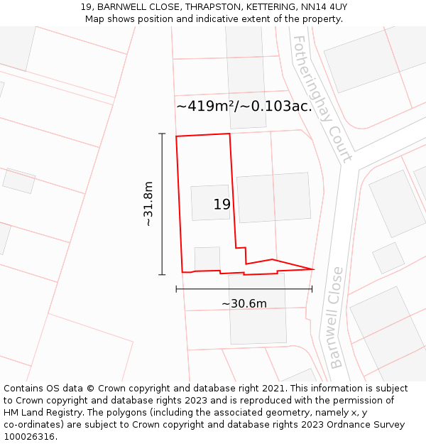 19, BARNWELL CLOSE, THRAPSTON, KETTERING, NN14 4UY: Plot and title map