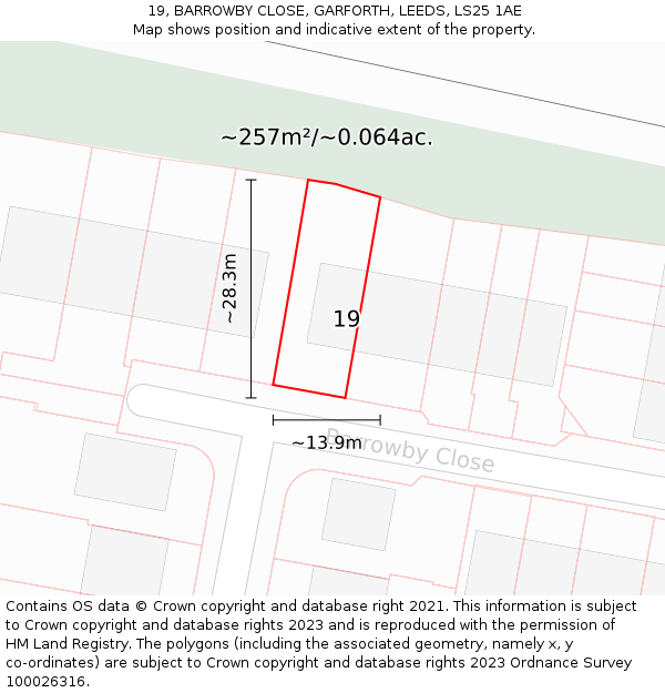 19, BARROWBY CLOSE, GARFORTH, LEEDS, LS25 1AE: Plot and title map