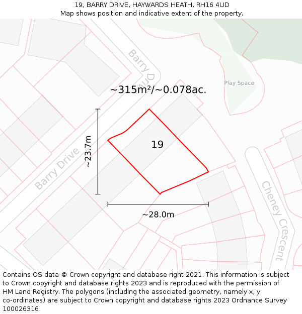 19, BARRY DRIVE, HAYWARDS HEATH, RH16 4UD: Plot and title map