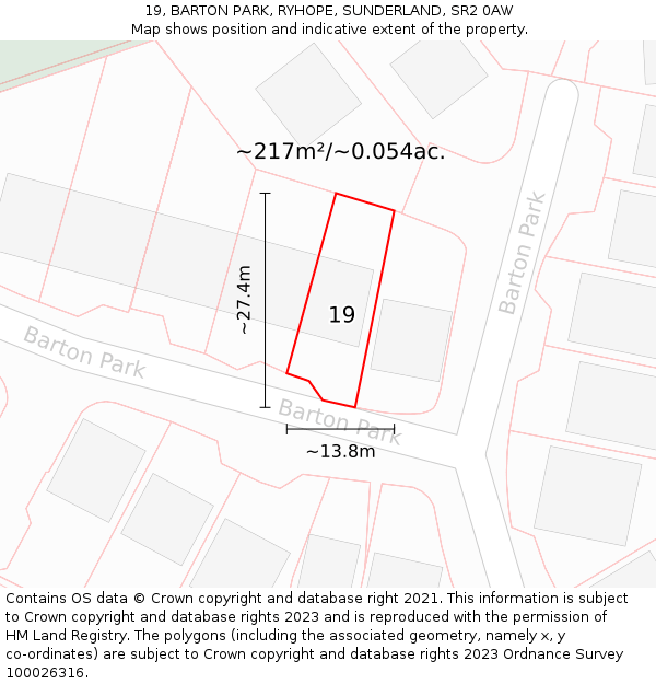 19, BARTON PARK, RYHOPE, SUNDERLAND, SR2 0AW: Plot and title map