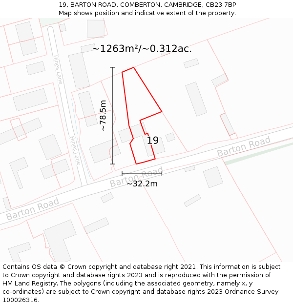 19, BARTON ROAD, COMBERTON, CAMBRIDGE, CB23 7BP: Plot and title map