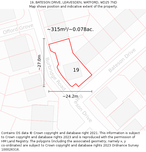 19, BATESON DRIVE, LEAVESDEN, WATFORD, WD25 7ND: Plot and title map