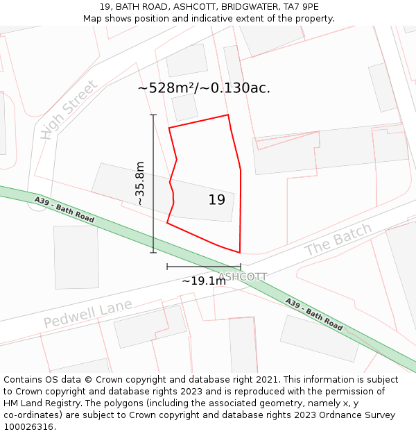 19, BATH ROAD, ASHCOTT, BRIDGWATER, TA7 9PE: Plot and title map