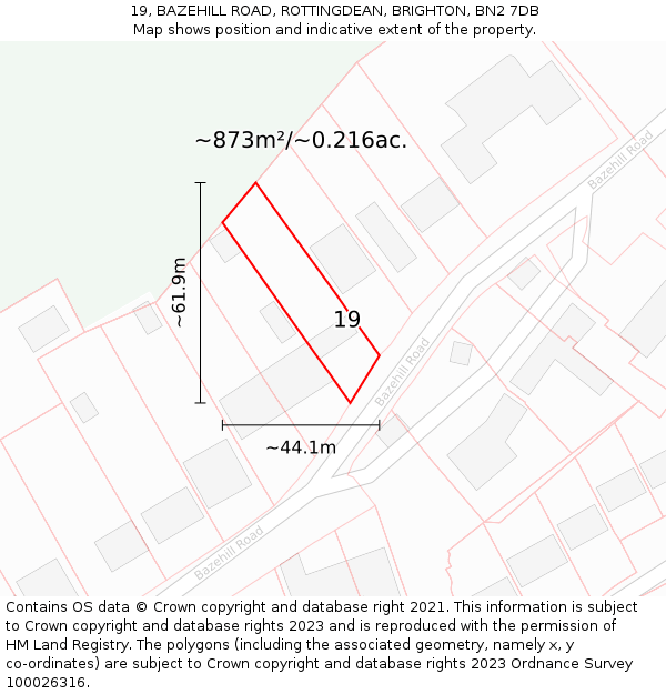 19, BAZEHILL ROAD, ROTTINGDEAN, BRIGHTON, BN2 7DB: Plot and title map