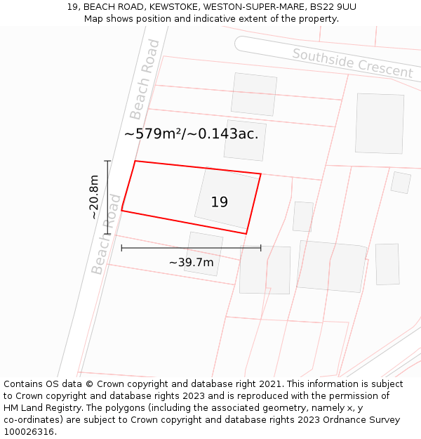 19, BEACH ROAD, KEWSTOKE, WESTON-SUPER-MARE, BS22 9UU: Plot and title map