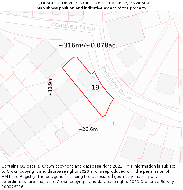 19, BEAULIEU DRIVE, STONE CROSS, PEVENSEY, BN24 5EW: Plot and title map