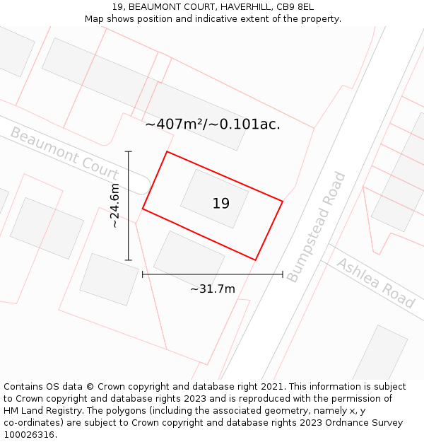 19, BEAUMONT COURT, HAVERHILL, CB9 8EL: Plot and title map