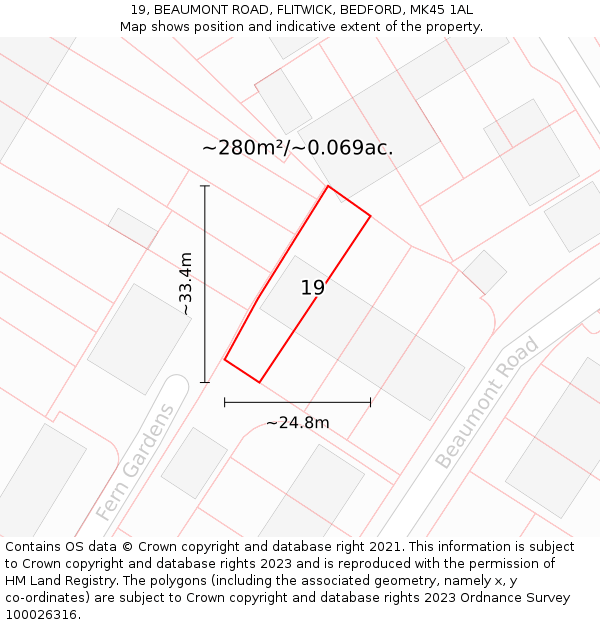 19, BEAUMONT ROAD, FLITWICK, BEDFORD, MK45 1AL: Plot and title map