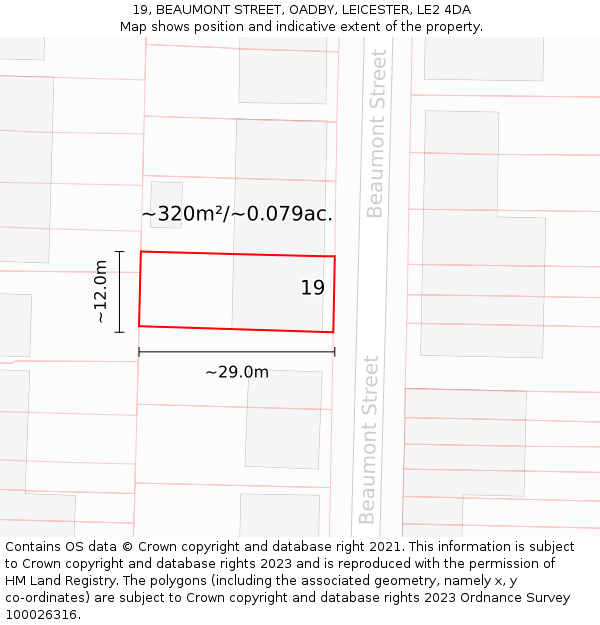 19, BEAUMONT STREET, OADBY, LEICESTER, LE2 4DA: Plot and title map