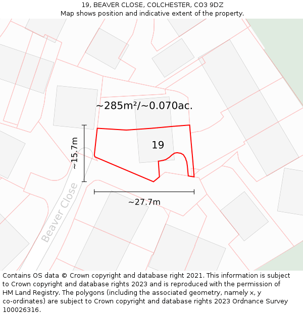 19, BEAVER CLOSE, COLCHESTER, CO3 9DZ: Plot and title map