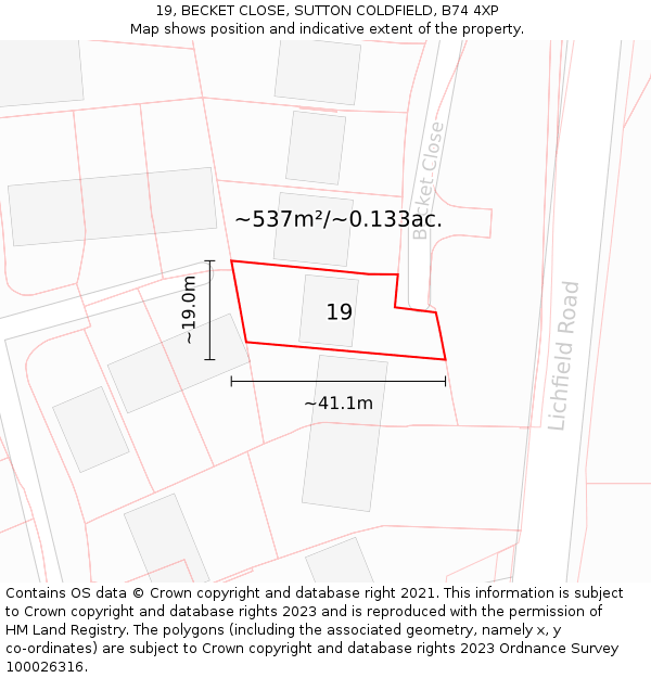 19, BECKET CLOSE, SUTTON COLDFIELD, B74 4XP: Plot and title map