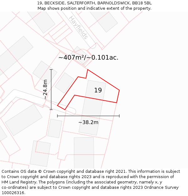 19, BECKSIDE, SALTERFORTH, BARNOLDSWICK, BB18 5BL: Plot and title map