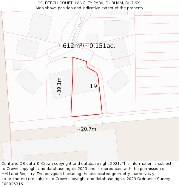 19, BEECH COURT, LANGLEY PARK, DURHAM, DH7 9XL: Plot and title map