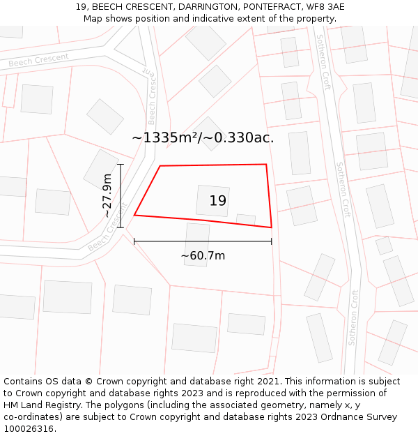19, BEECH CRESCENT, DARRINGTON, PONTEFRACT, WF8 3AE: Plot and title map