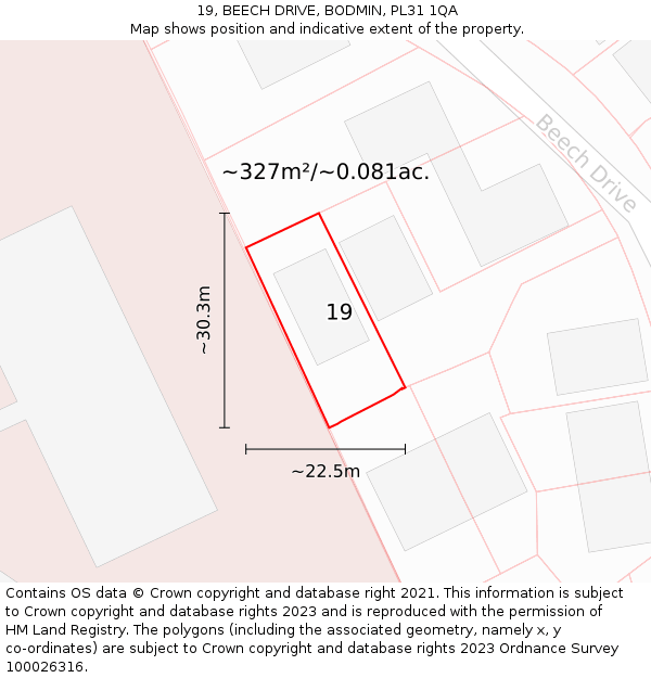 19, BEECH DRIVE, BODMIN, PL31 1QA: Plot and title map