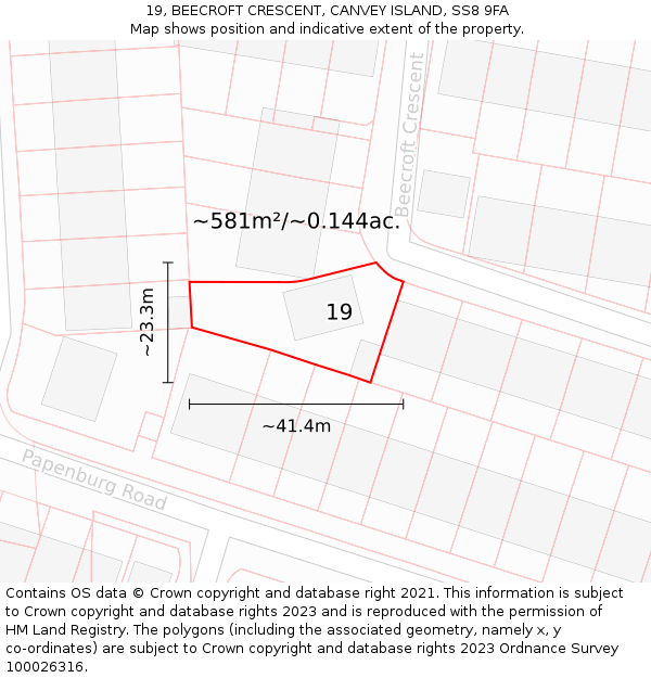 19, BEECROFT CRESCENT, CANVEY ISLAND, SS8 9FA: Plot and title map