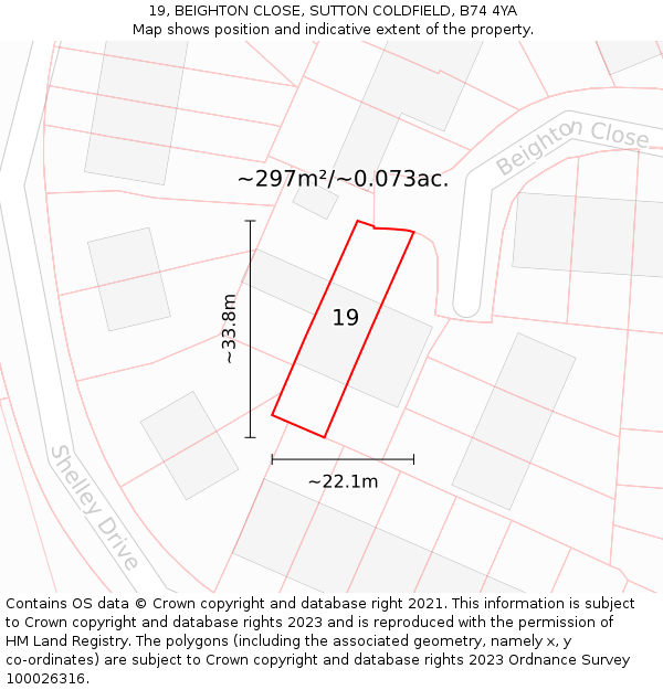 19, BEIGHTON CLOSE, SUTTON COLDFIELD, B74 4YA: Plot and title map